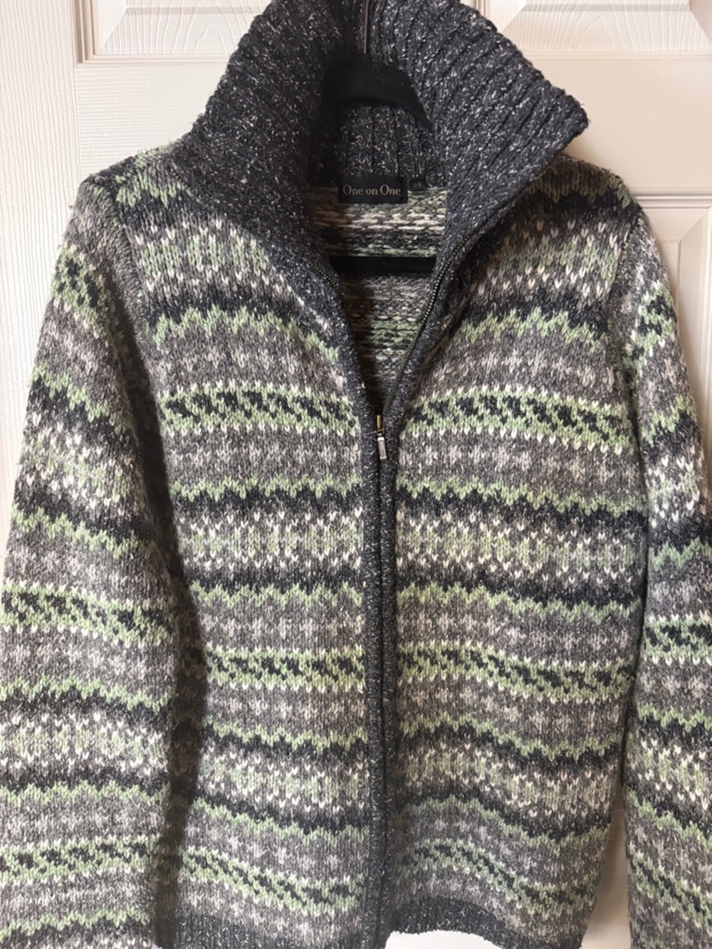 Gray and Light Green Fair Isle Zip Cardigan